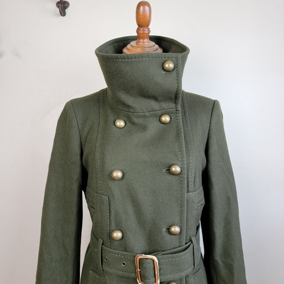 BCBGMaxAzria S Trench Peacoat Wool Cashmere Long Olive Green Coat Jacket BCBG - Picture 2 of 15